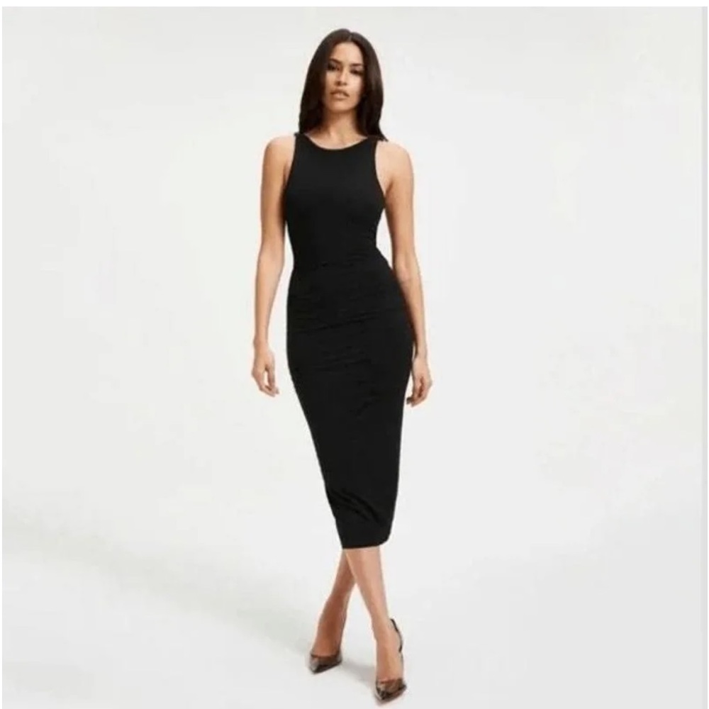 Good American Plunged Back Strap Midi Dress Black SZ 2 NWT